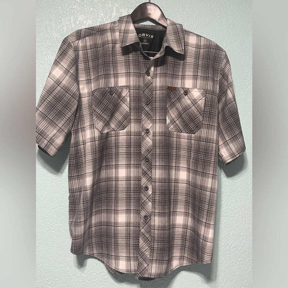 Orvis Men’s 100% Polyester S/S Button Shirt Gray/White Plaid ***XL***